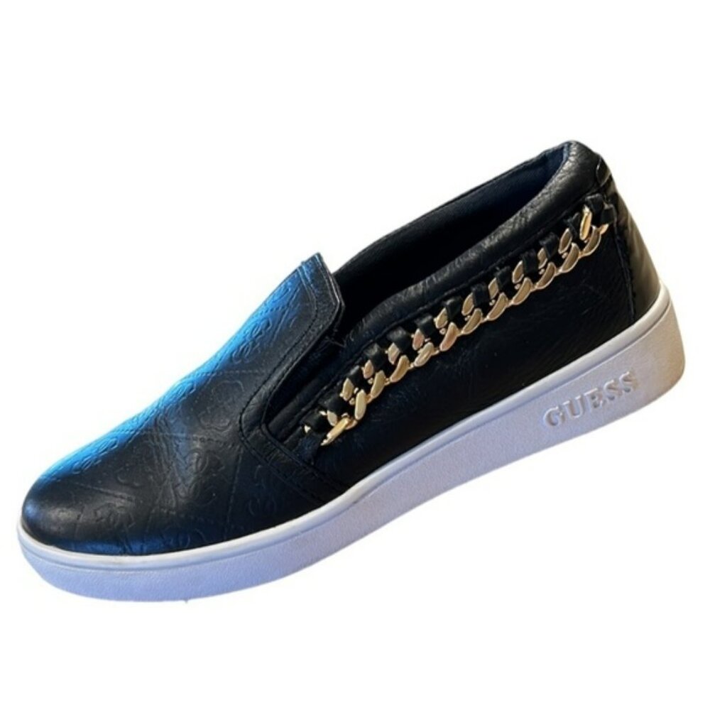 Guess Women’s Leather Sneakers Gold Chain Black Size 6